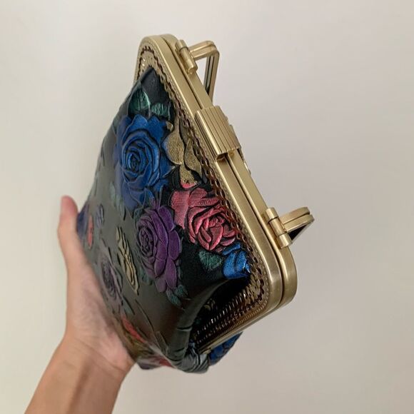 Handmade Genuine Embossed Rose Cowhide Clutch/Phone Case, Kiss Clasp/Clip Pouch - Picture 12 of 16